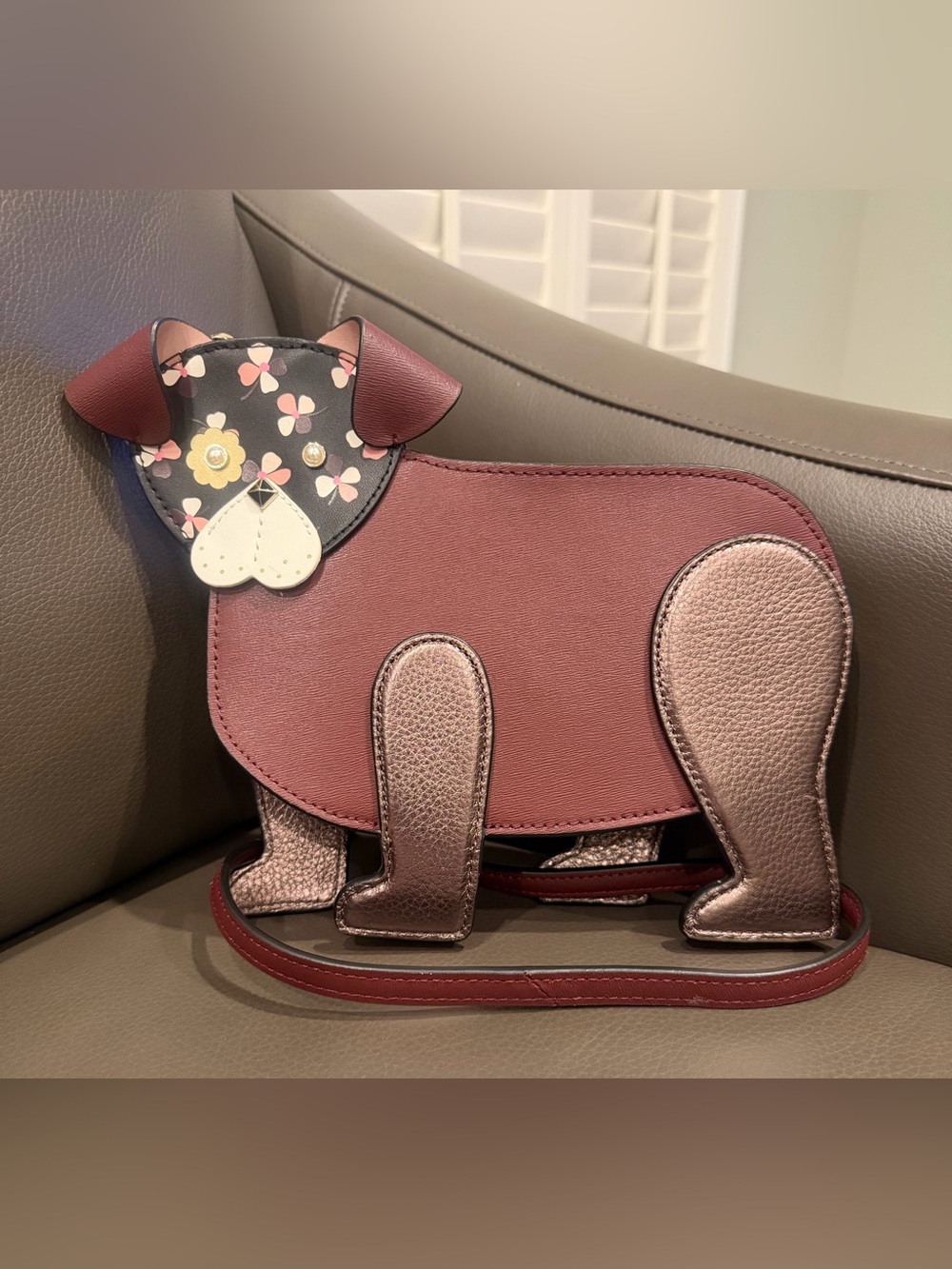 kate spade new york Floral Pup Cherrywood‎ Zip LeatherCrossbody Bag Purse